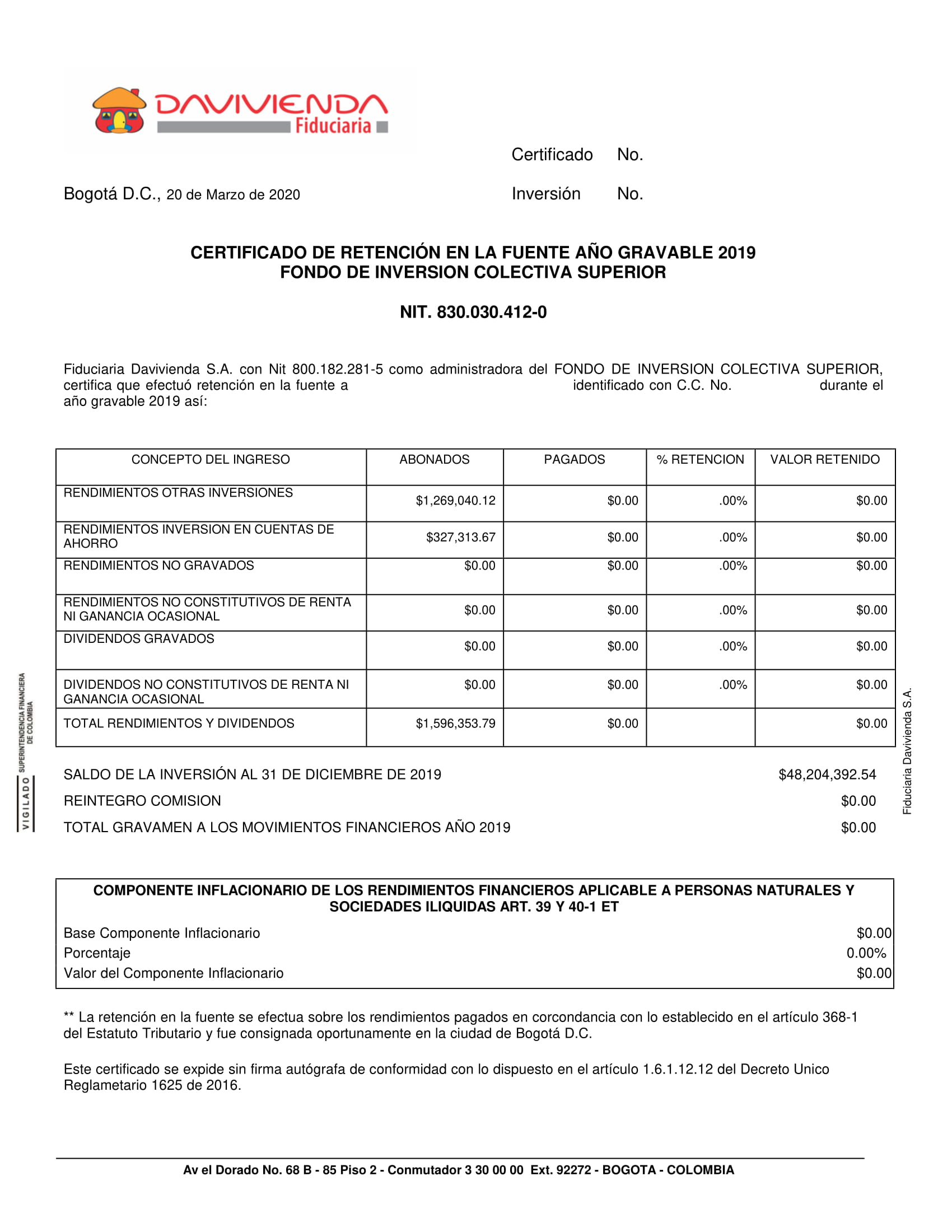 Certificado De Inversion